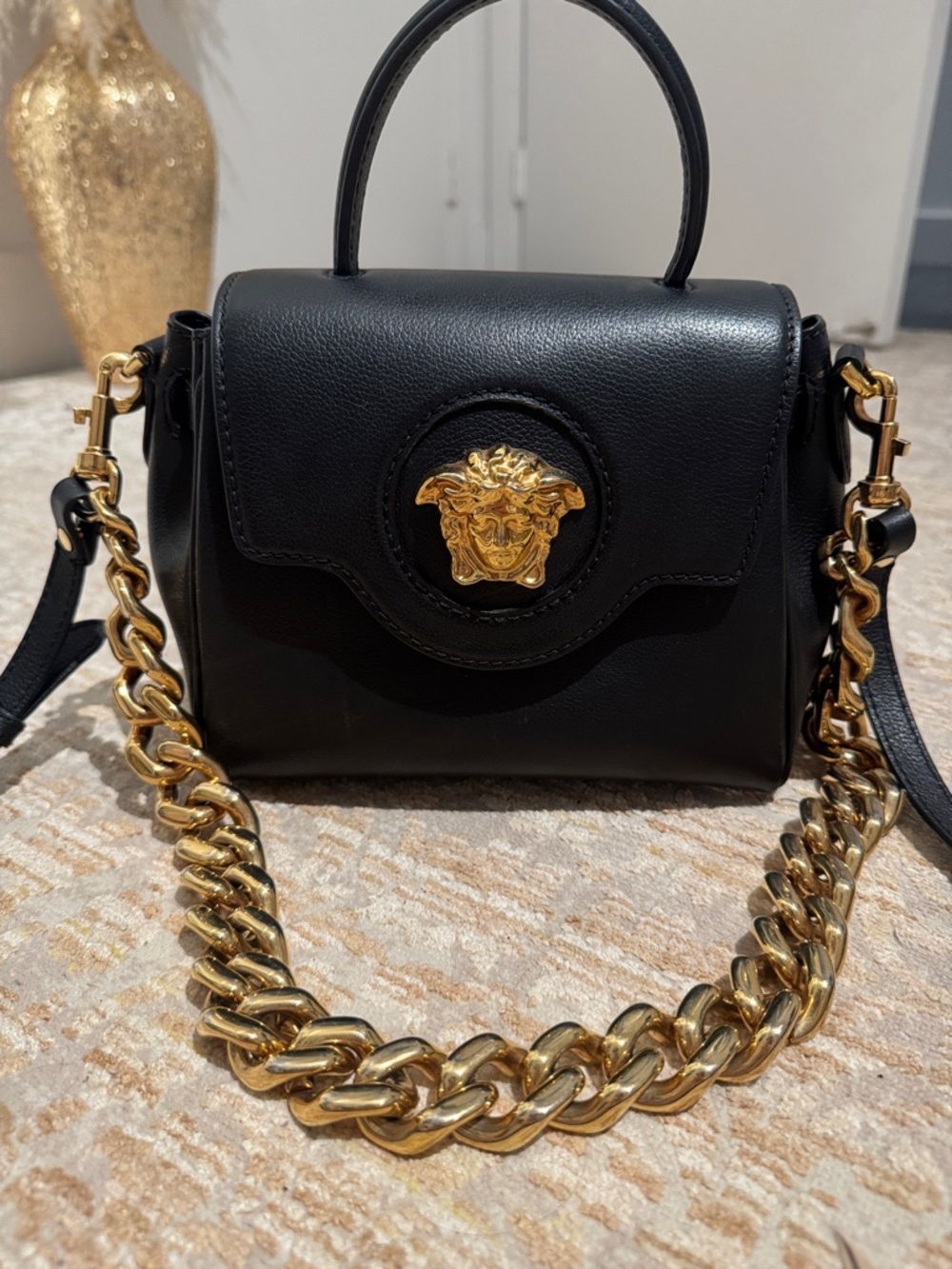 Versace Black Leather Satchel with Gold Medusa Emblem & Chunky Chain